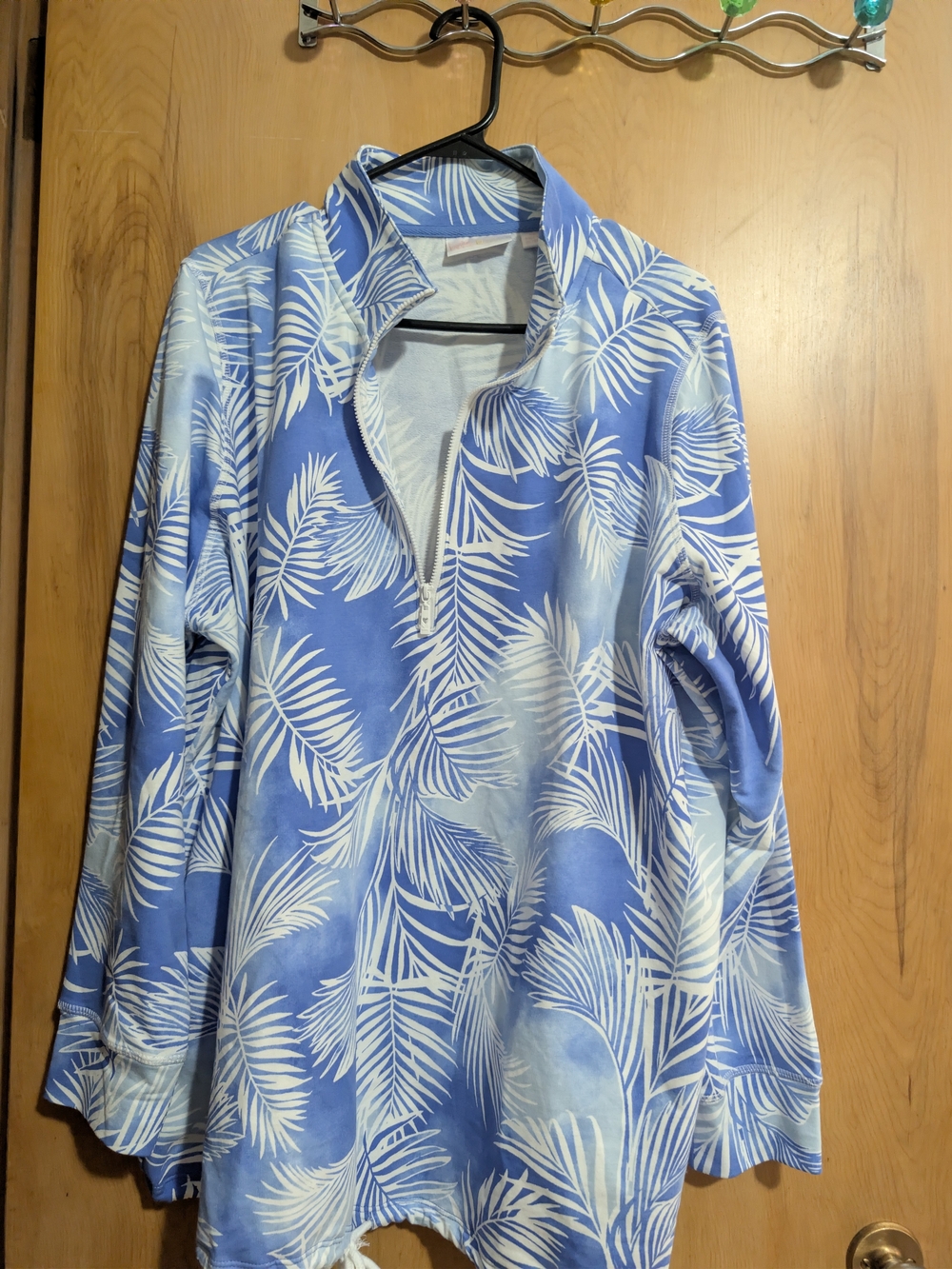 Belle by Kim Gravel Blue and White Palm-Print Quarter-Zip Utility Pullover